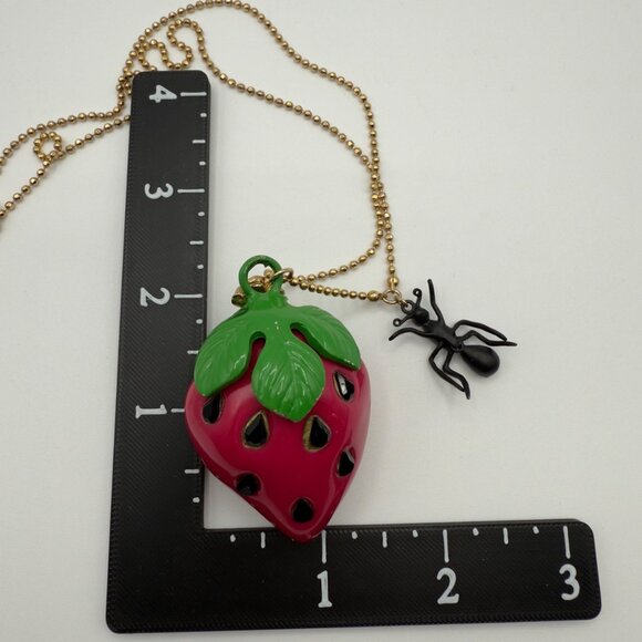 Betsey Johnson Picnic Strawberry Ant Pendant Necklace Pink Crystal Ball Chain - Picture 9 of 15